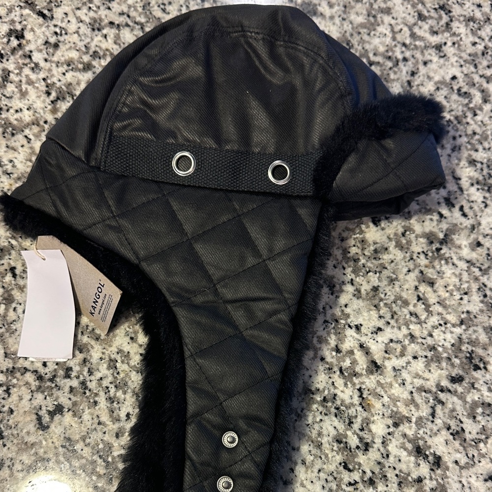 Kangol Black Quilted Trapper Hat with Faux Fur